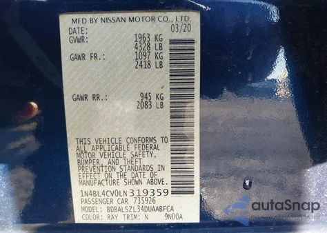 2020 Nissan Altima Sr из США, поврежденный, VIN 1N4BL4CV0LN319359